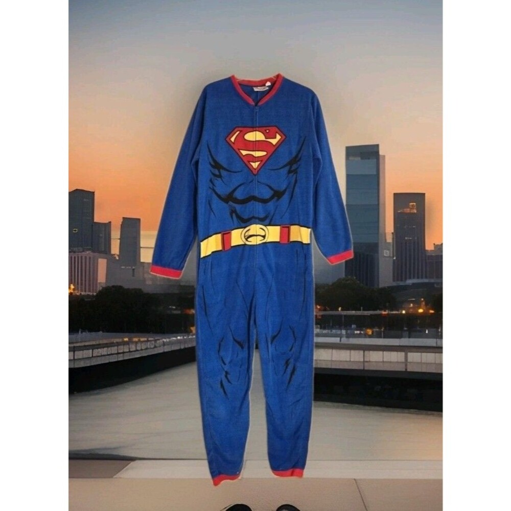 DC Superman Adult M 32-34 Fleece Pajama Halloween Costume Union Suit With Cape